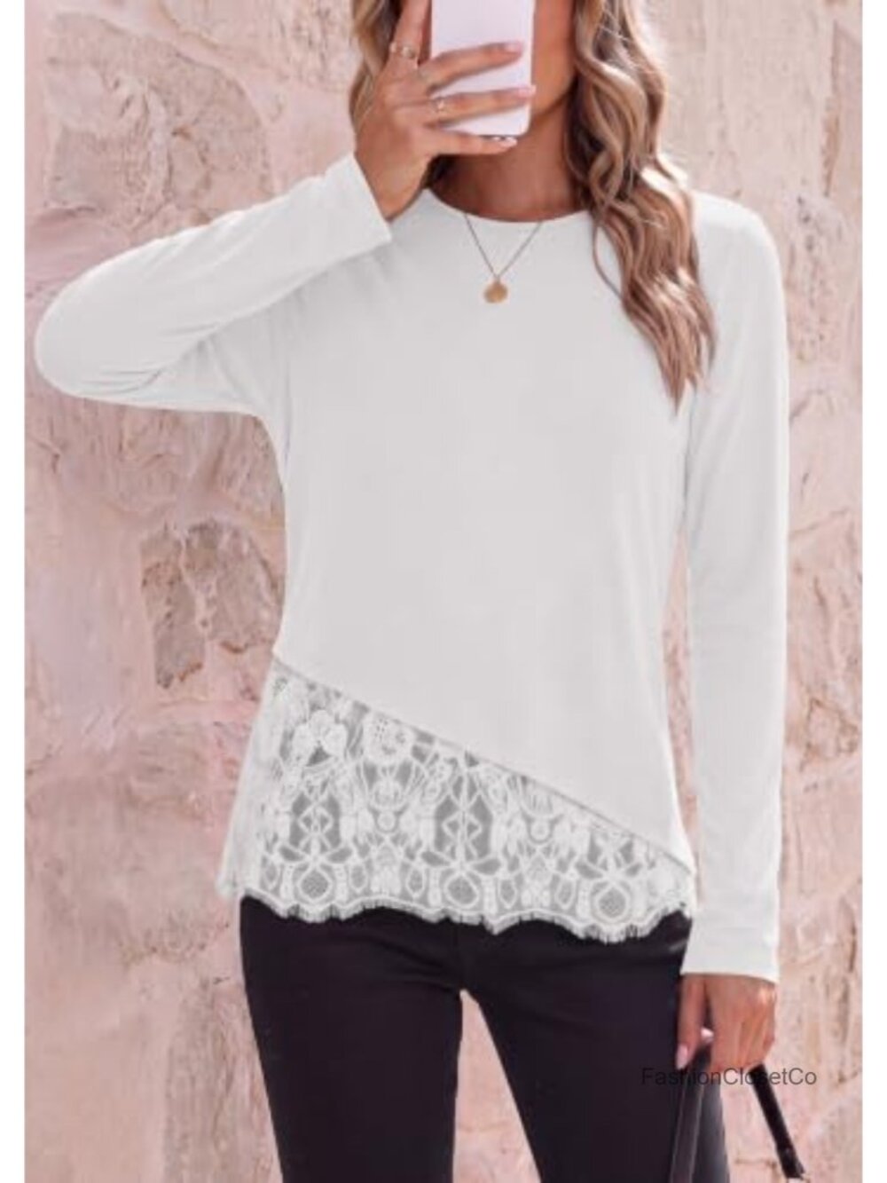 Women's Lace Patchwork Long Sleeve Stretchy Knit Asymmetric Hem Tunic Top - Picture 5 of 6